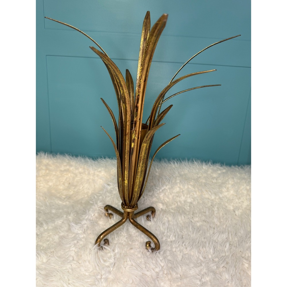 Vintage Gold Metal Leaf Taper Candle Holder Hollywood Regency Botanical Decor